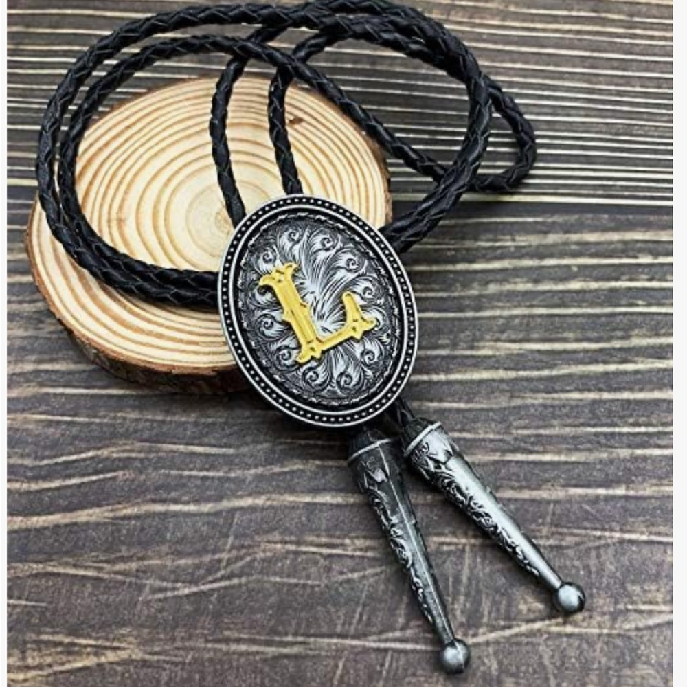 Western Bolo Tie with Gold L Initial cowboy cowgirl rope